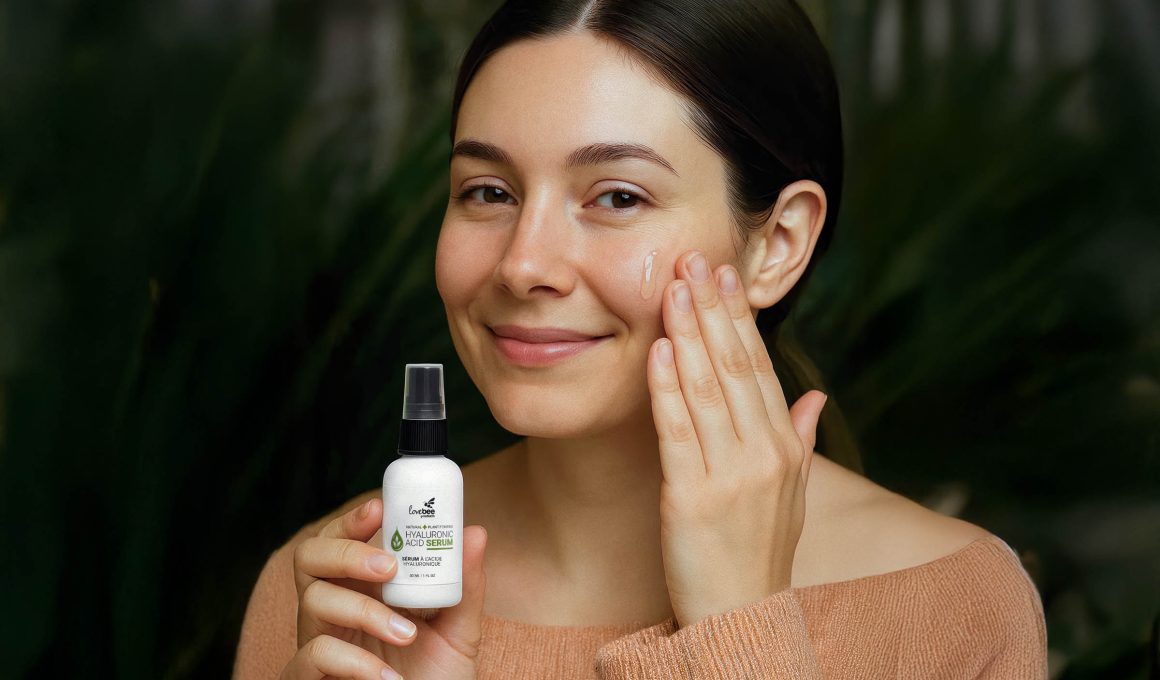 A woman uses a Hyaluronic Acid Serum from Lovebee Products