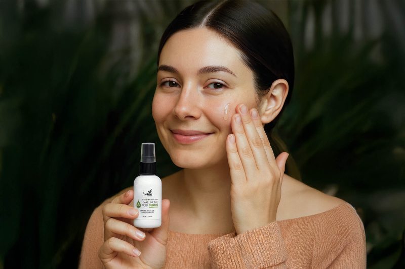 A woman uses a Hyaluronic Acid Serum from Lovebee Products