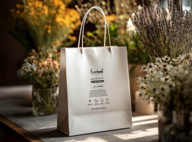 Lovebee Products bag rests on a table with botanicals around it