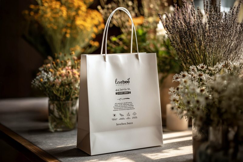 Lovebee Products bag rests on a table with botanicals around it