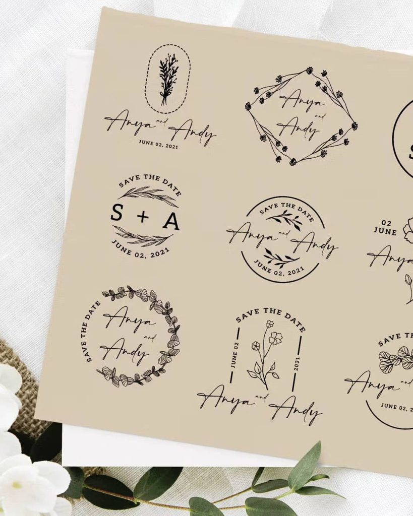 Various wedding favour labels with names and dates printed on brown paper
