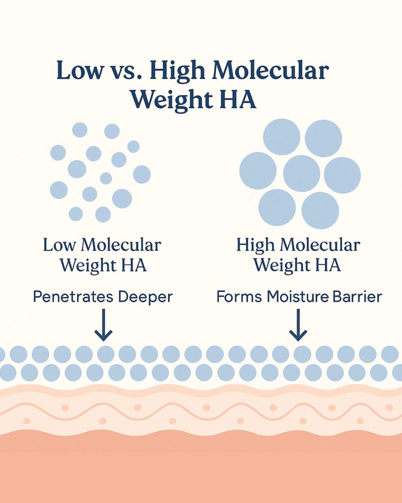 A graphic showing low molecular weight hyaluronic acid vs high molecular weight